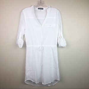 White Tunic V-Neck Waist Tie Mini Dress
